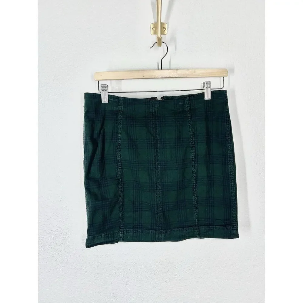 Free People Modern Femme Mini Skirt Size 10 Dark Green Plaid Dark Academia